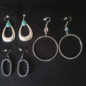 3 Pair Of Silver Dangle Hoop Earrings Turquoise  Iridescent Set NWOT